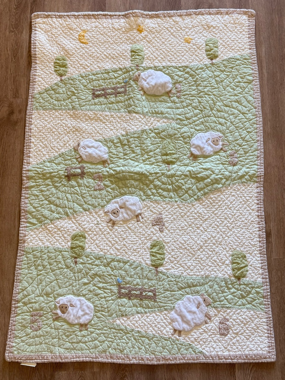 Pottery Barn Kids Quilted Baby Blanket with Sheep in Green and Tan